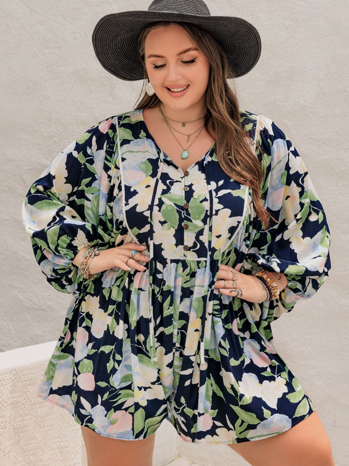 Sunset Vacation Plus Size Tied Printed Long Sleeve Romper Sunset and Swim   