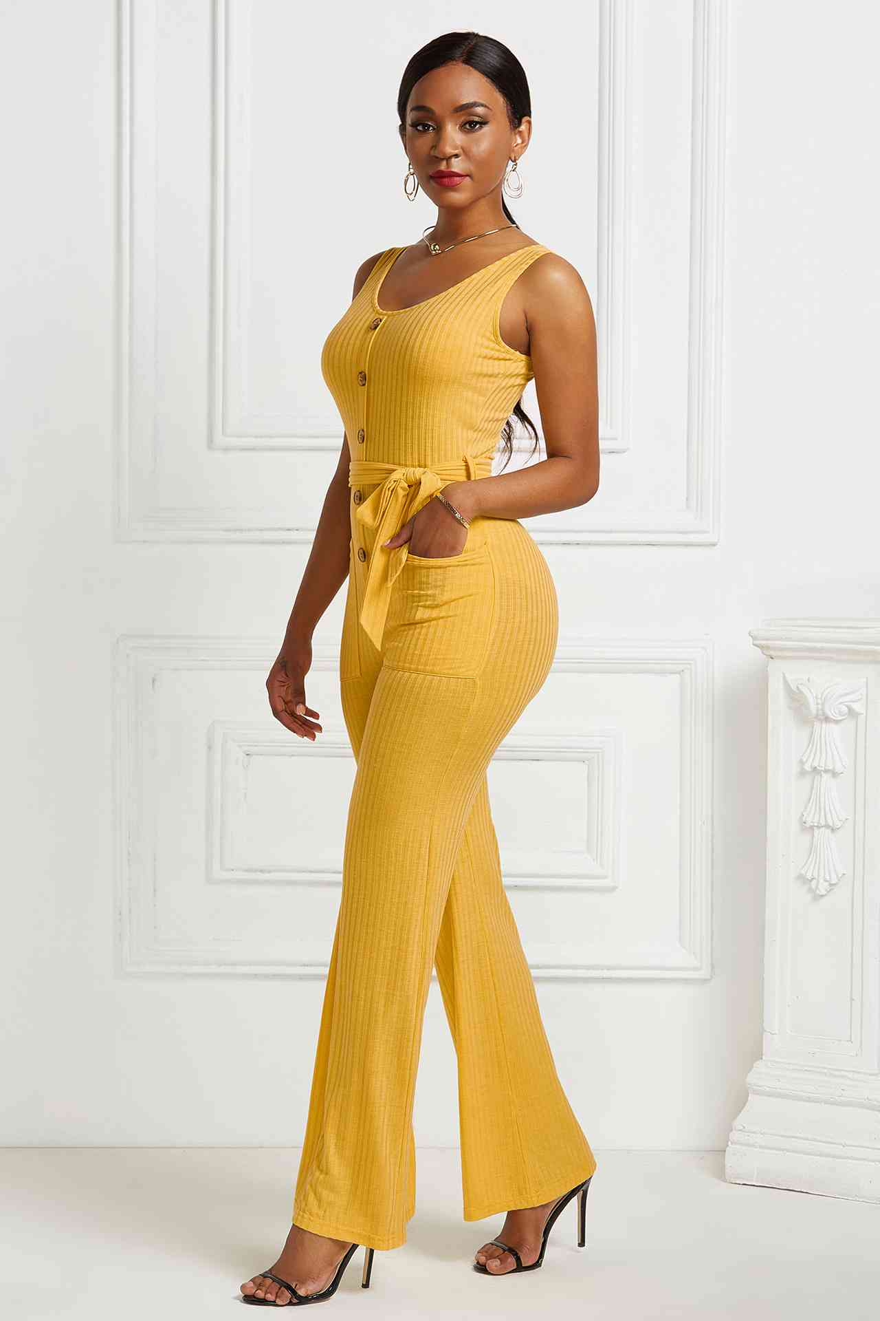 Sunset and Swim Button Detail Tie Waist Jumpsuit with Pockets Sunset and Swim   