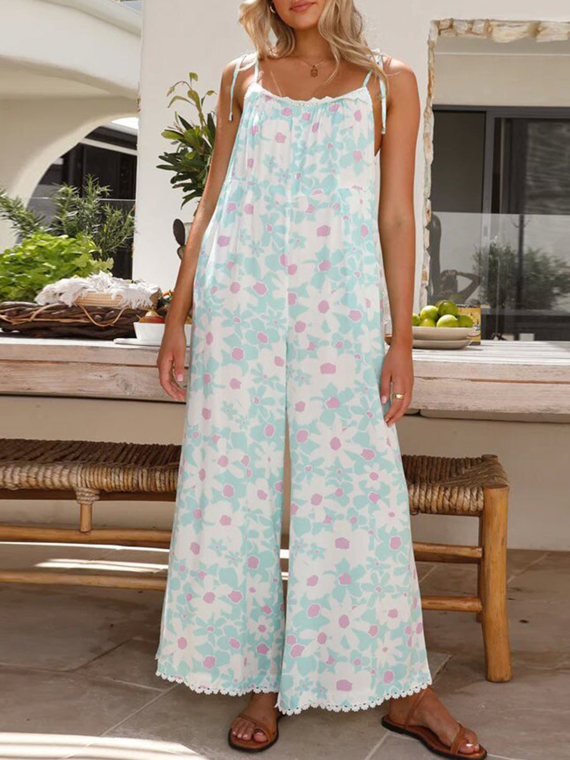 Printed Wide Leg Jumpsuit with Pockets Sunset and Swim Light Green S 