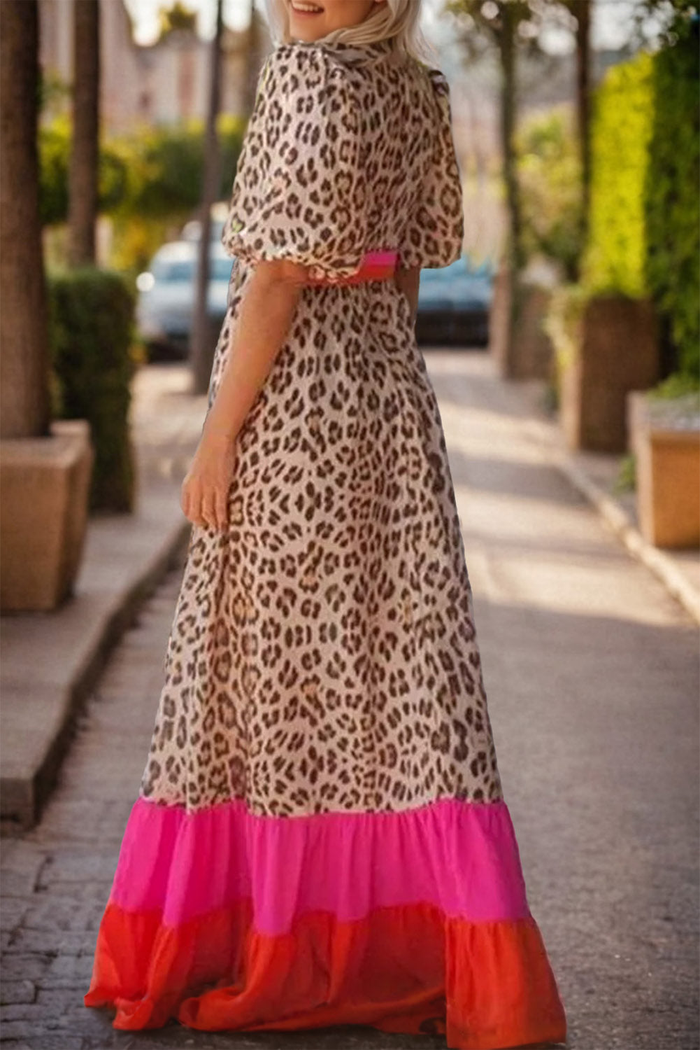 Full Size Leopard V-Neck Half Sleeve Maxi Dress Sunset and Swim   