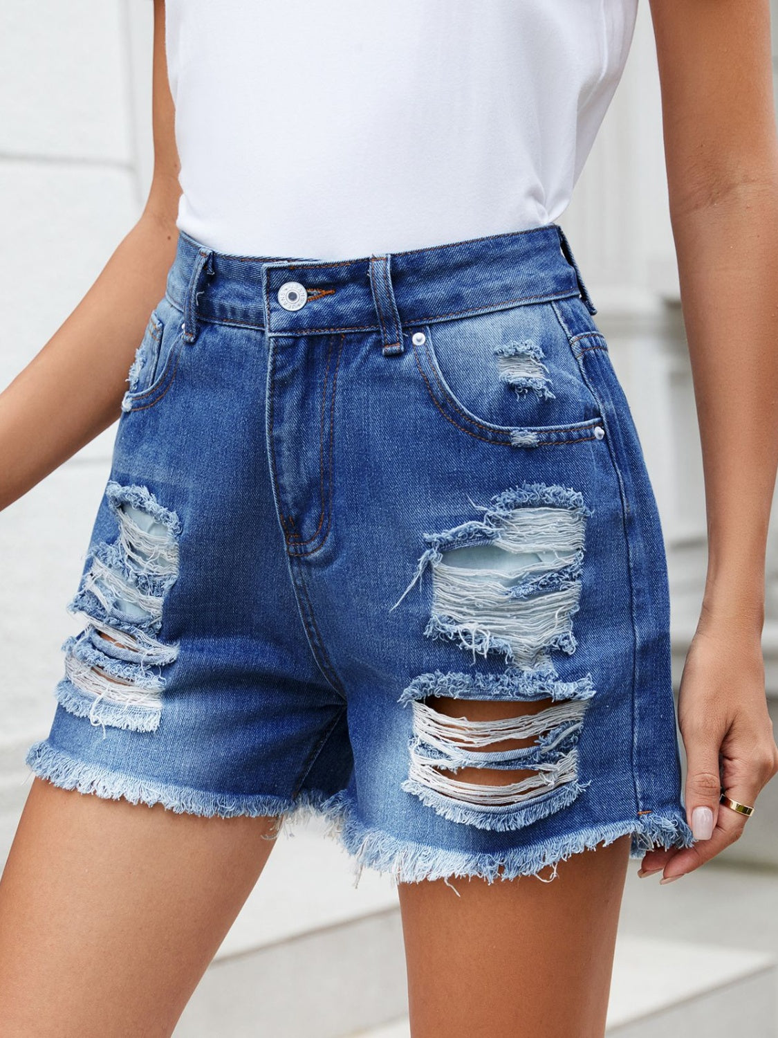 Distressed Raw Hem Denim Shorts Sunset and Swim Medium S 