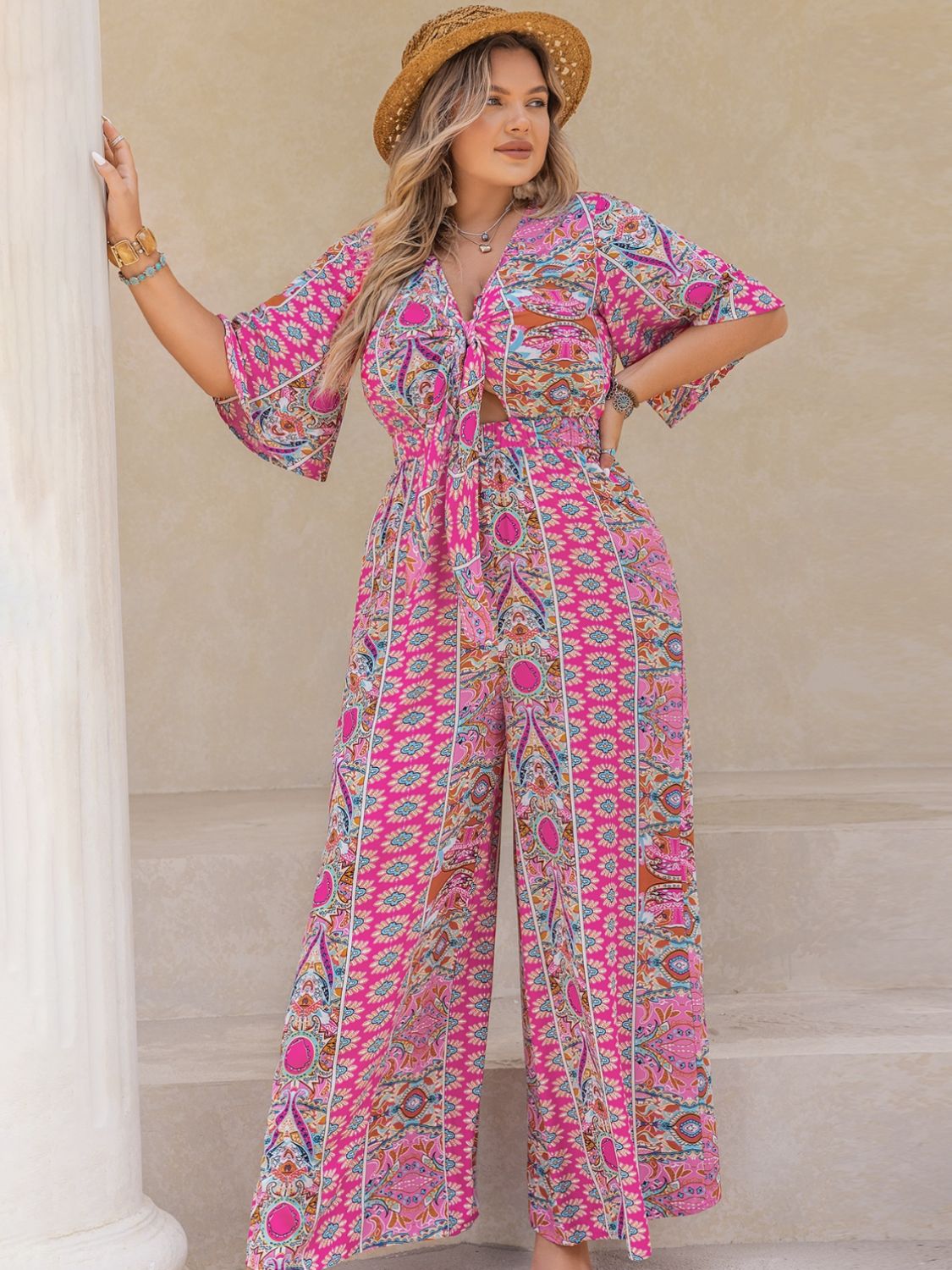 Sunset Vacation Plus Size Printed Half Sleeve Wide Leg Jumpsuit Sunset and Swim   