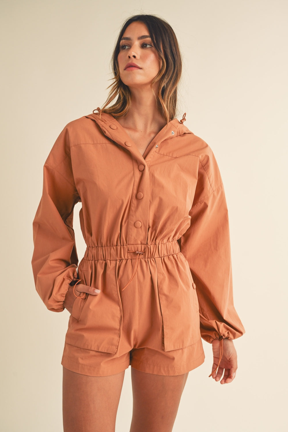 Mable Snap Down Long Sleeve Hooded Romper Sunset and Swim   