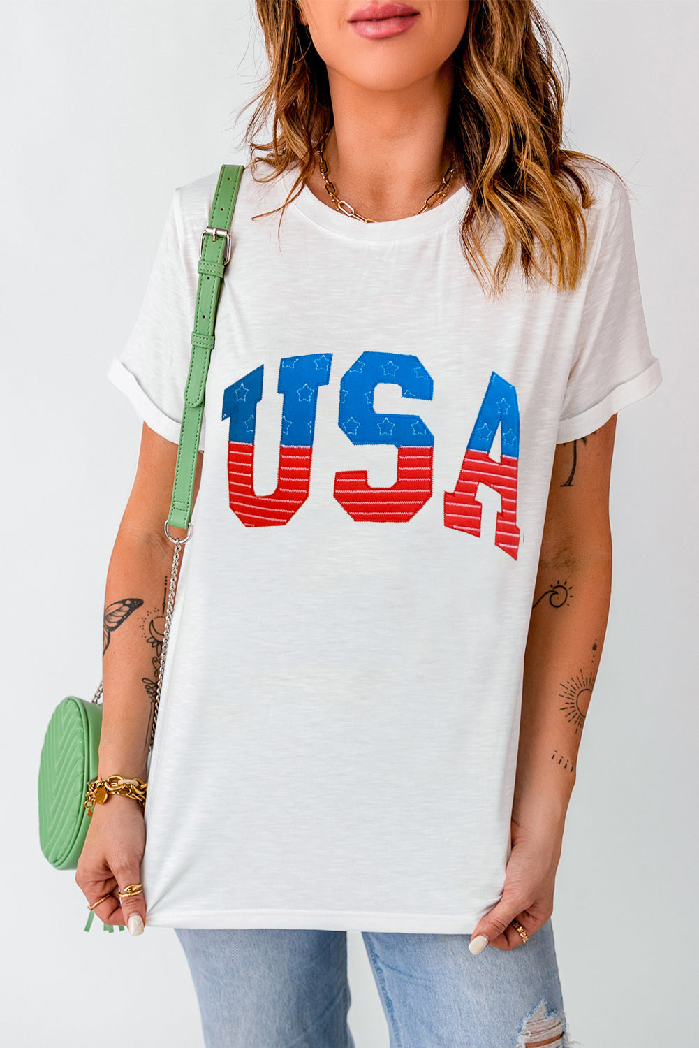 USA Round Neck Short Sleeve T-Shirt Sunset and Swim White S 