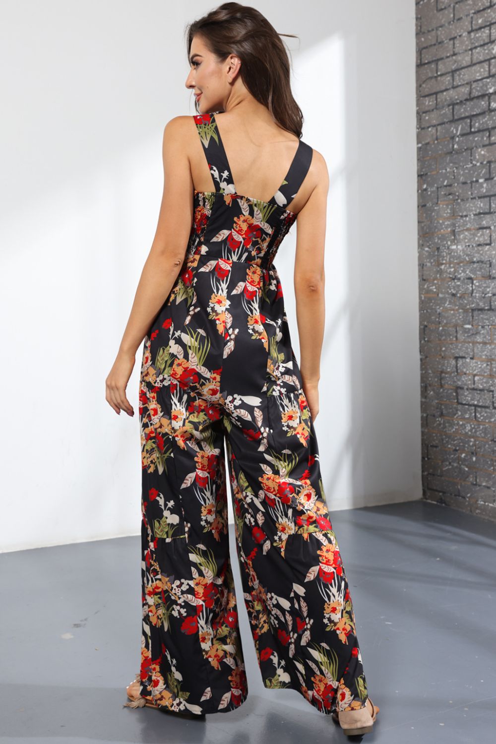 Floral Square Neck Wide Leg Jumpsuit Sunset and Swim   