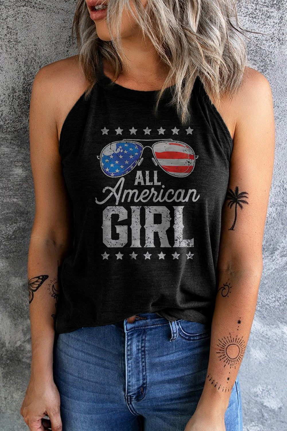 ALL AMERICAN GIRL Graphic Tank Sunset and Swim Black S 