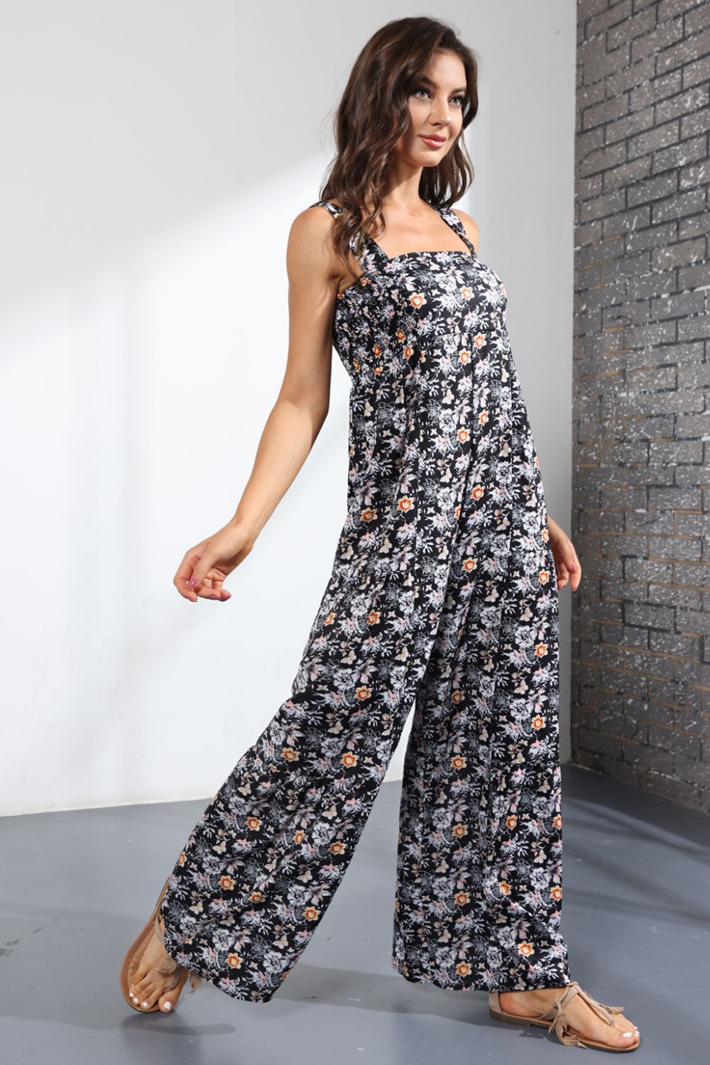 Floral Square Neck Wide Leg Jumpsuit Sunset and Swim   