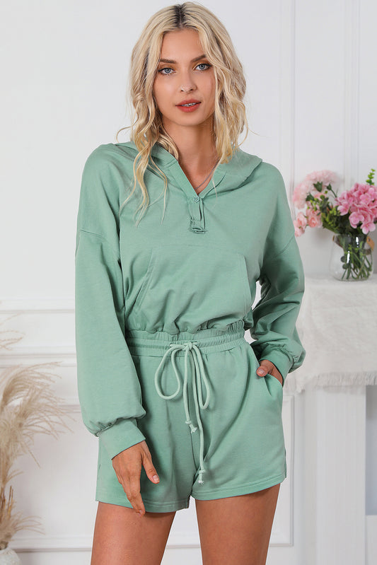 Drawstring Waist Hooded Romper with Pockets  Sunset and Swim Gum Leaf S 