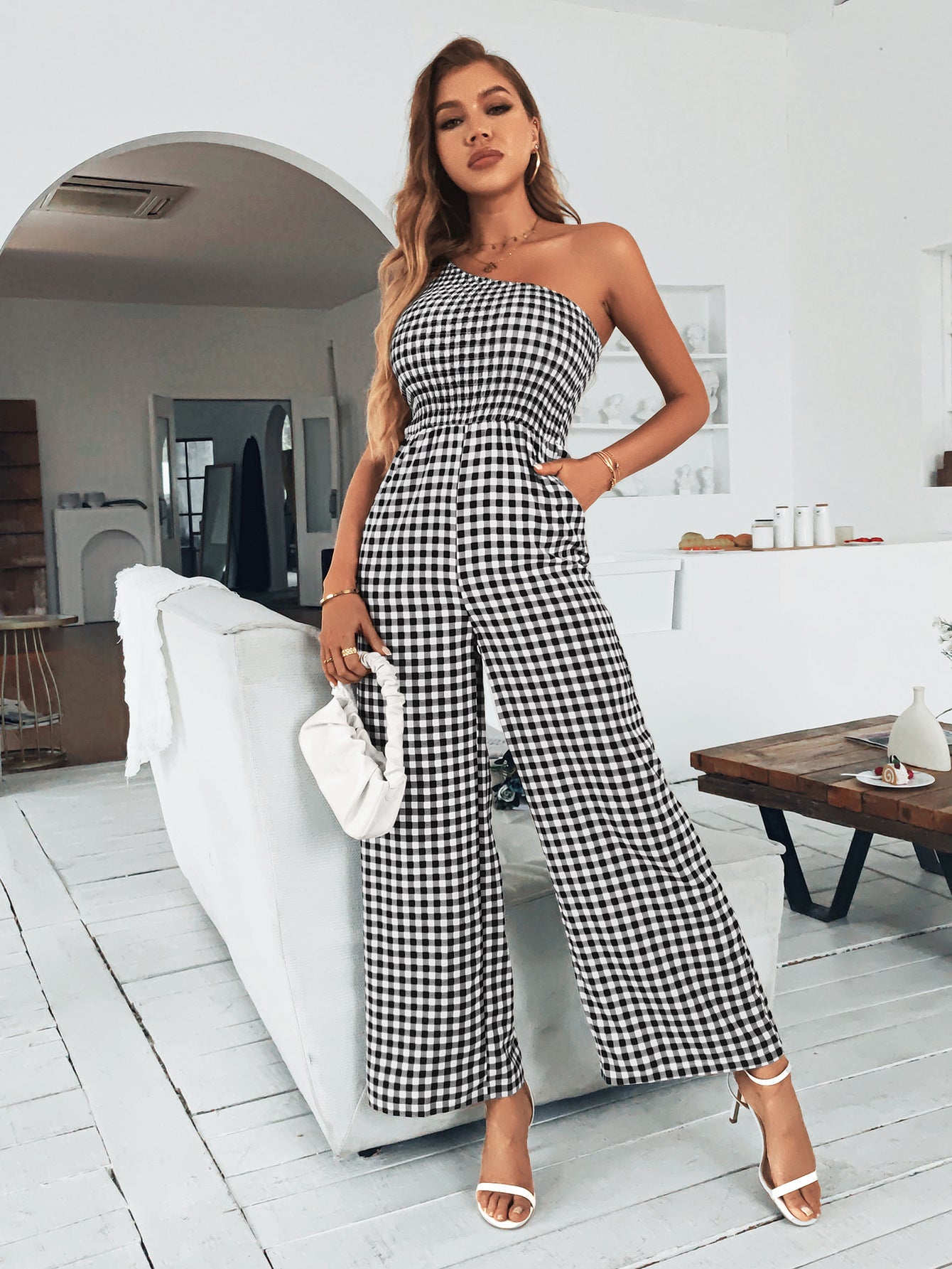 Plaid One-Shoulder Wide Leg Jumpsuit with Pockets  Sunset and Swim Black/White S 
