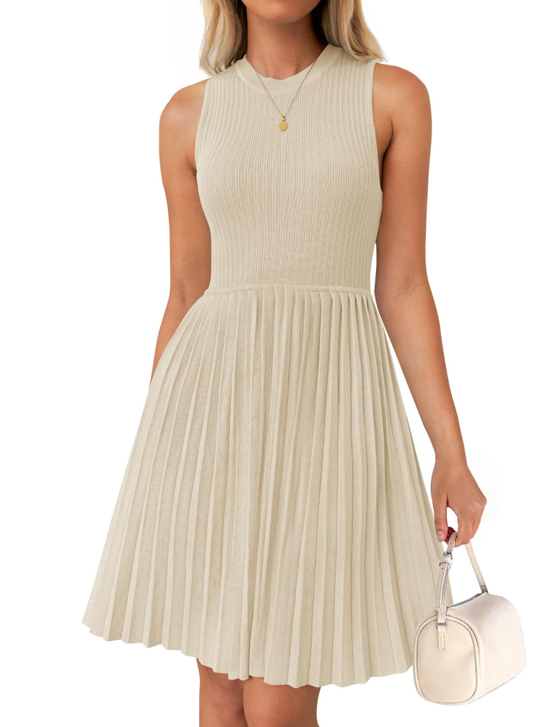 Pleated Round Neck Sleeveless Mini Tank Dress Sunset and Swim   