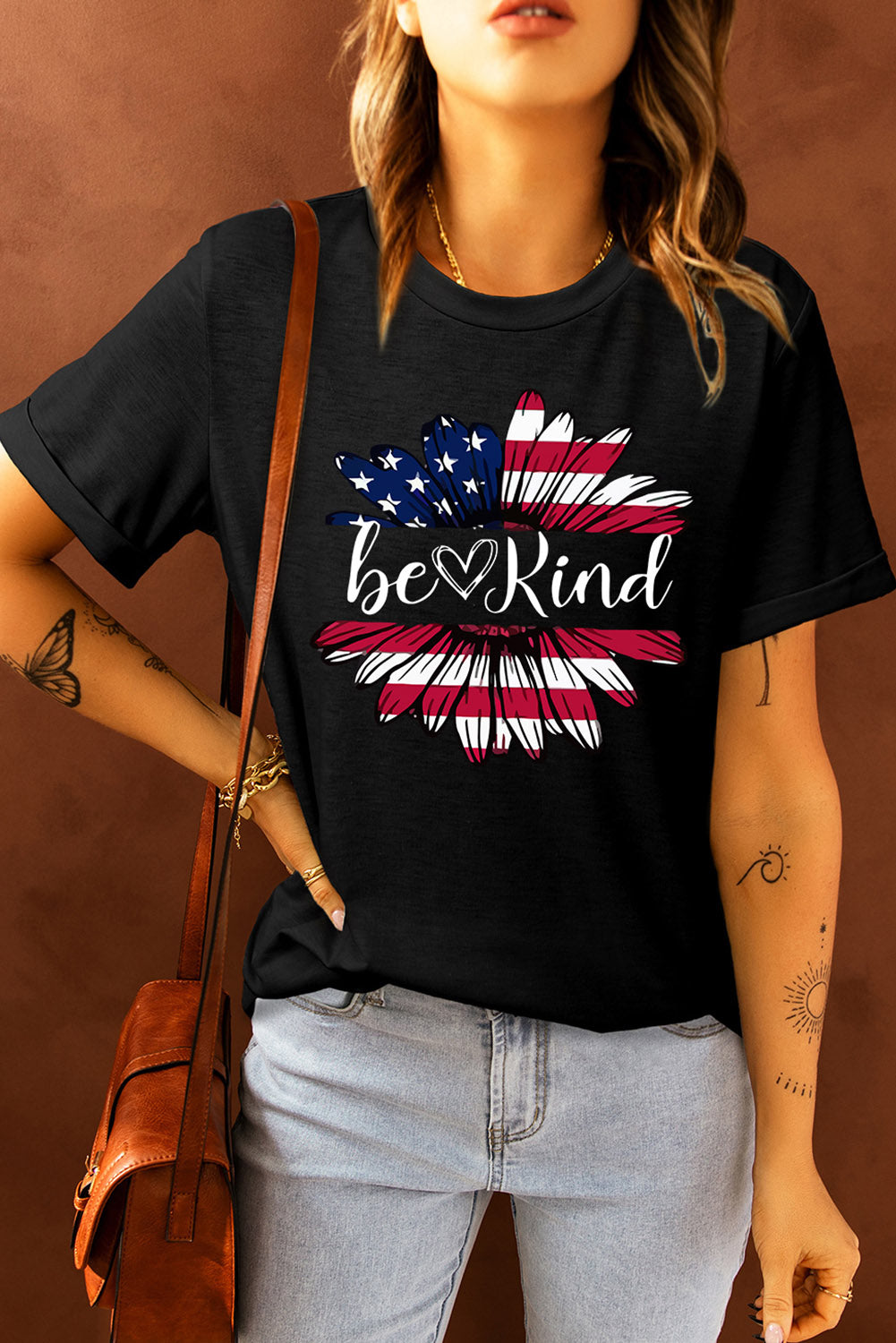 BE KIND US Flag Graphic Round Neck Tee Sunset and Swim Black S 