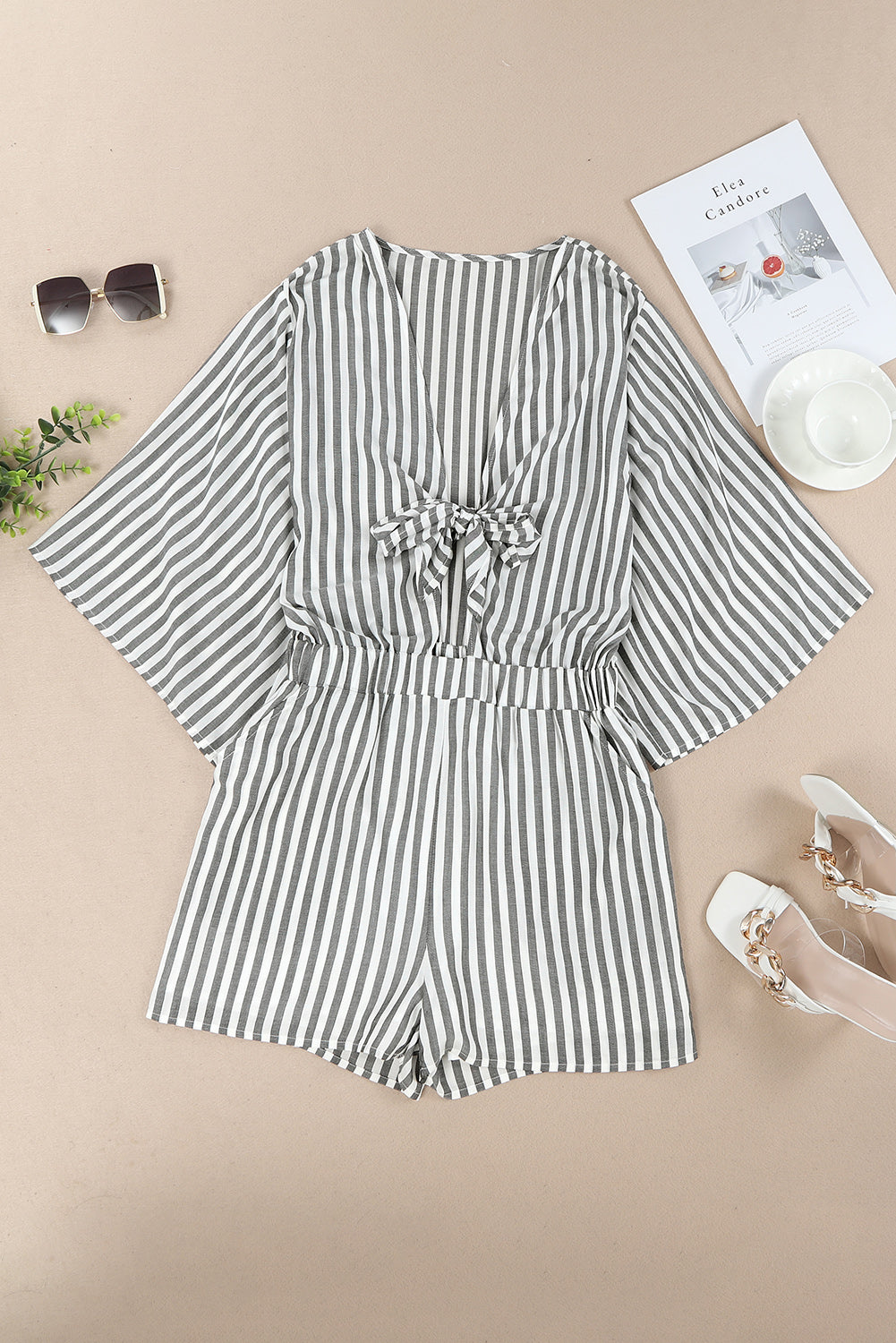 Sunset and Swim  Tied Striped Three-Quarter Sleeve Romper Sunset and Swim Charcoal S 