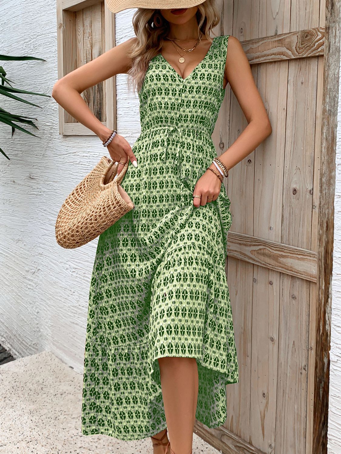 Printed V-Neck Tie Waist Midi Dress Sunset and Swim   