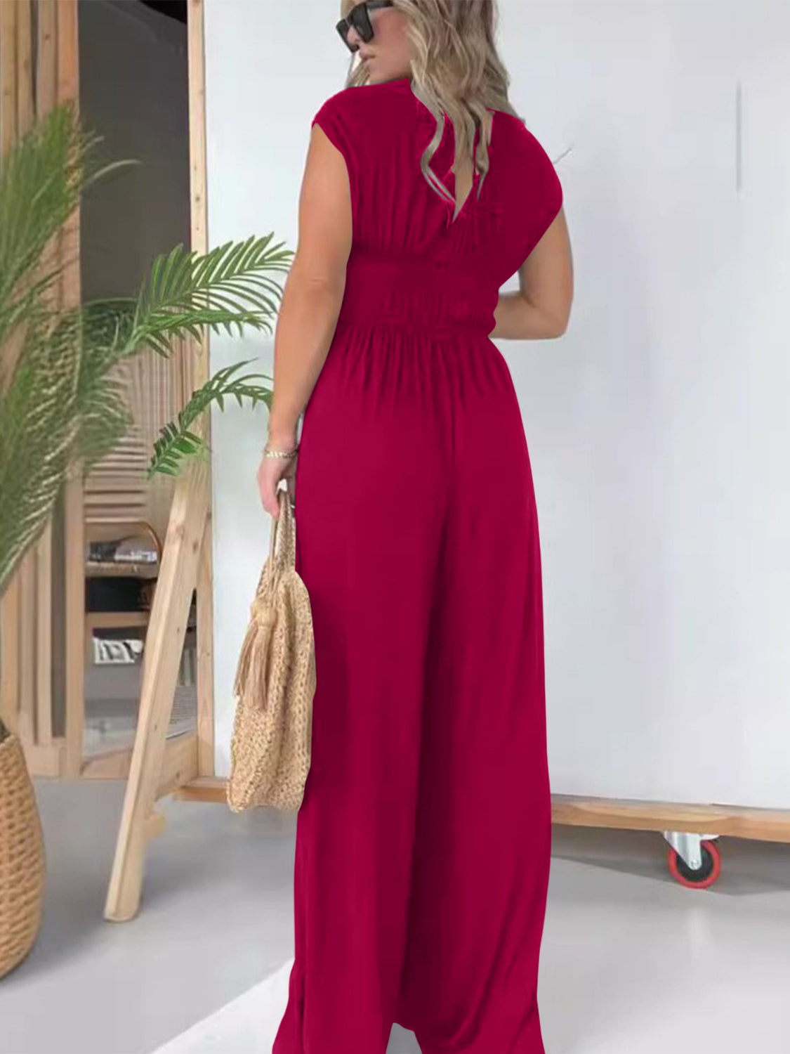 Smocked Cap Sleeve Wide Leg Jumpsuit Sunset and Swim   