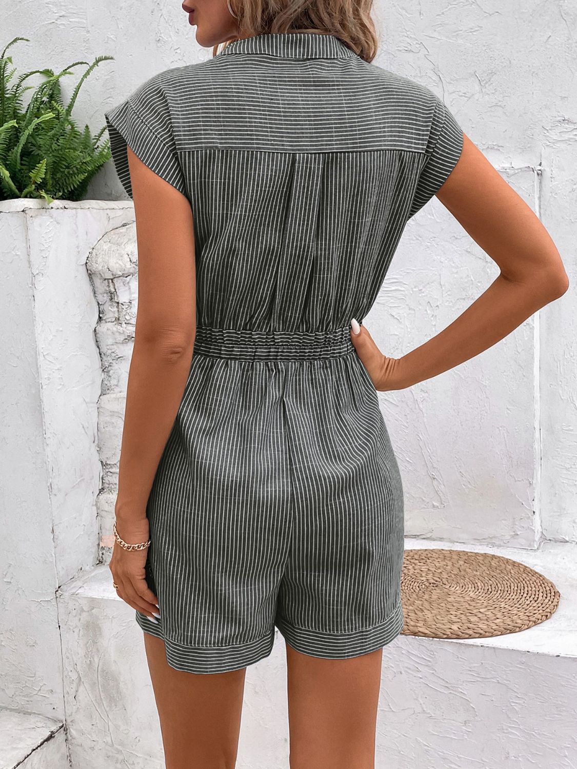 Striped Notched Tie Waist Romper Sunset and Swim   