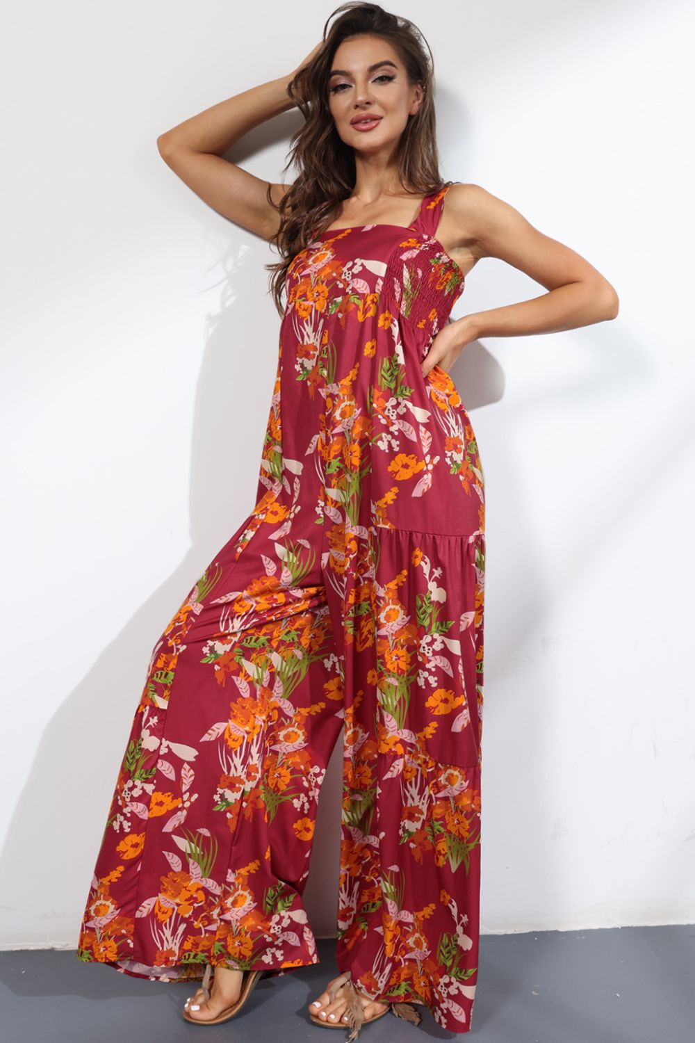 Floral Square Neck Wide Leg Jumpsuit Sunset and Swim Deep Red S 