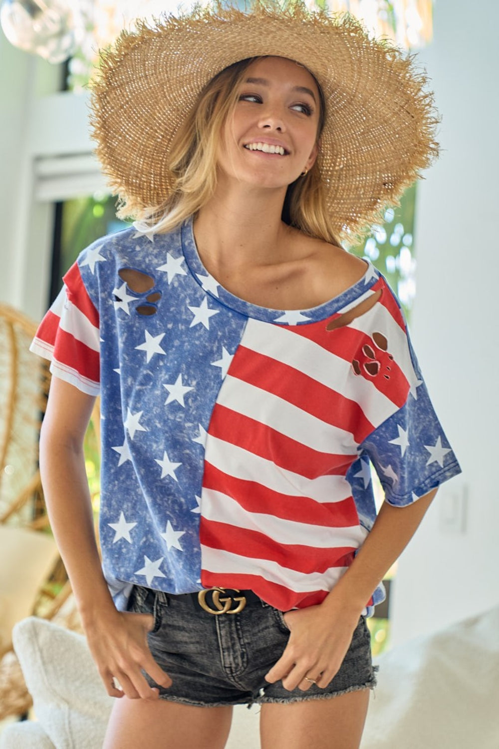 BiBi American Flag Theme Short Sleeve T-Shirt Sunset and Swim Navy/Red S 