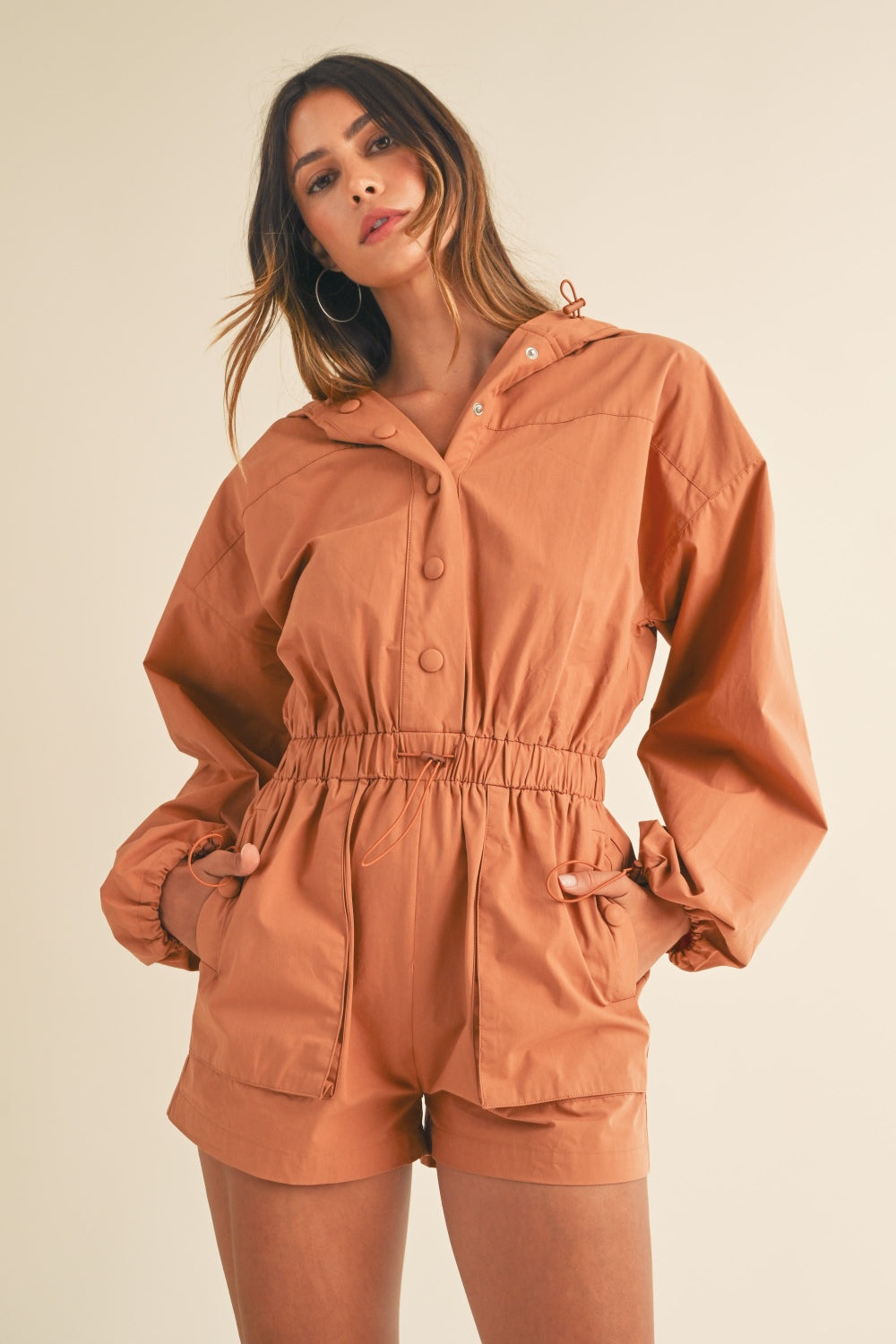 Mable Snap Down Long Sleeve Hooded Romper Sunset and Swim Tan S 