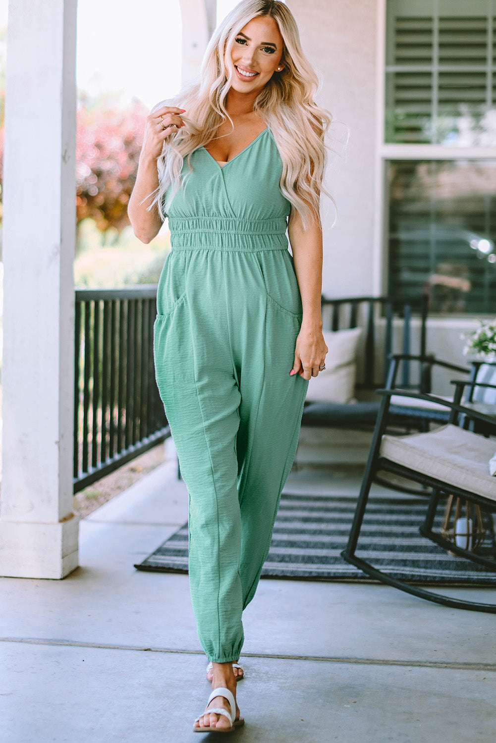 Spaghetti Strap V-Neck Jumpsuit with Pockets Sunset and Swim   