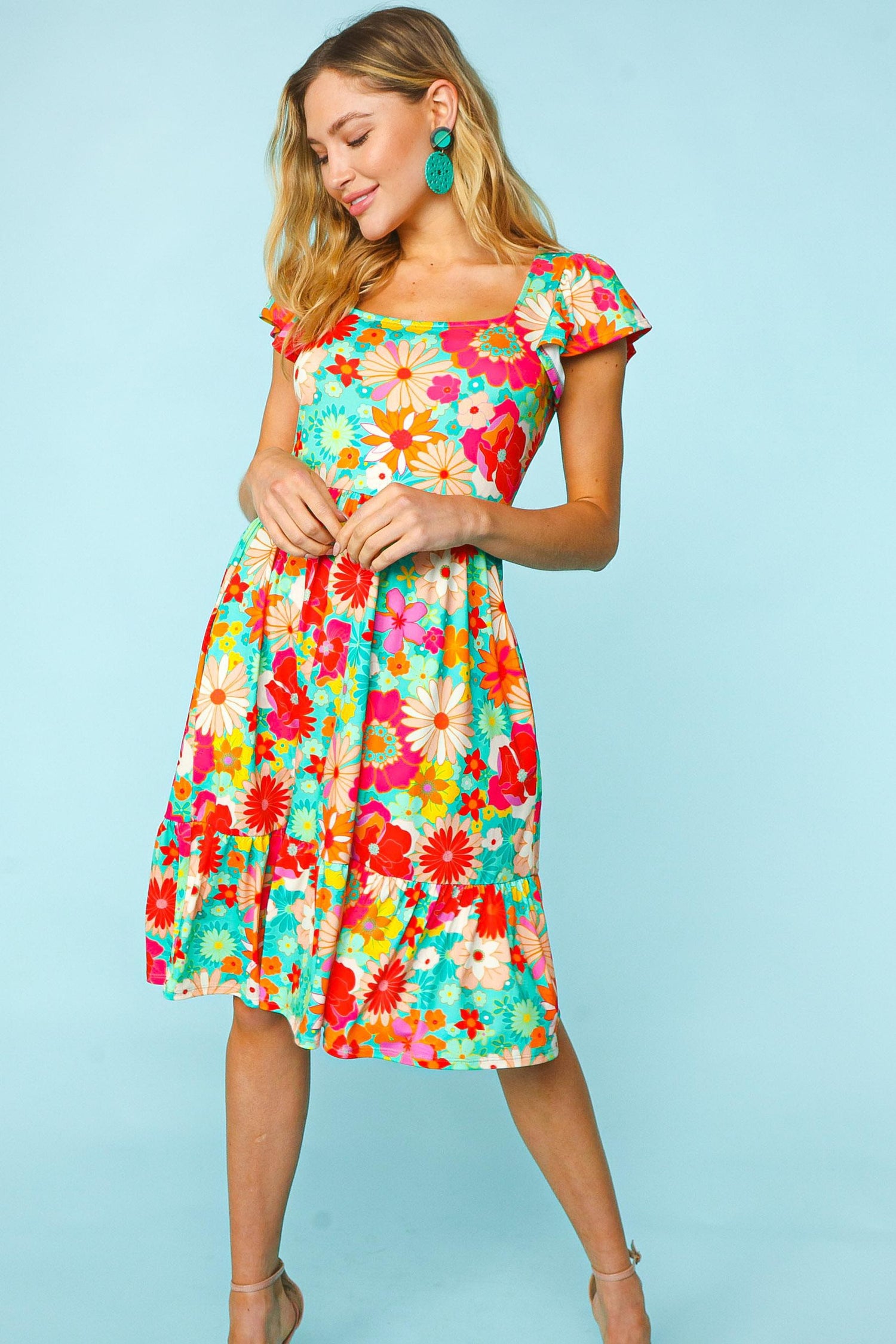 Sunset Vacation Floral Square Neck Short Sleeve Dress Sunset and Swim   