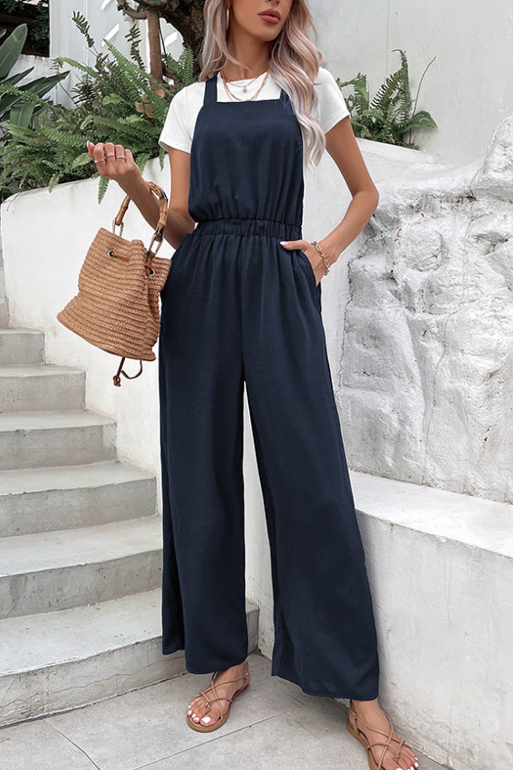 Elastic Waist Overalls with Pockets Sunset and Swim   