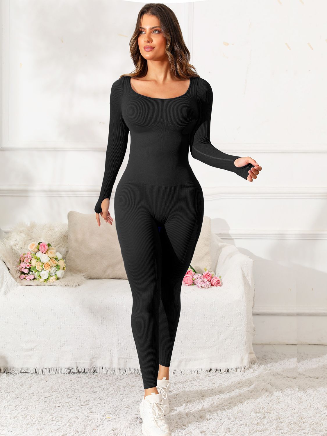 Scoop Neck Long Sleeve Active Jumpsuit Sunset and Swim   