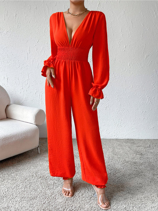 Plunge Smocked Flounce Sleeve Jumpsuit  Sunset and Swim Red S 