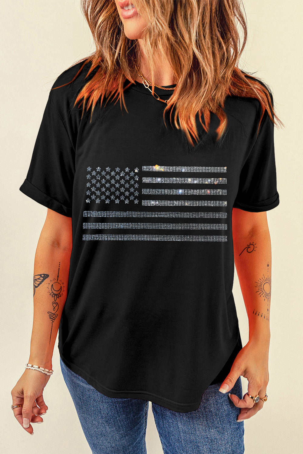 Rhinestone USA Flag Round Neck Short Sleeve T-Shirt Sunset and Swim Black S 
