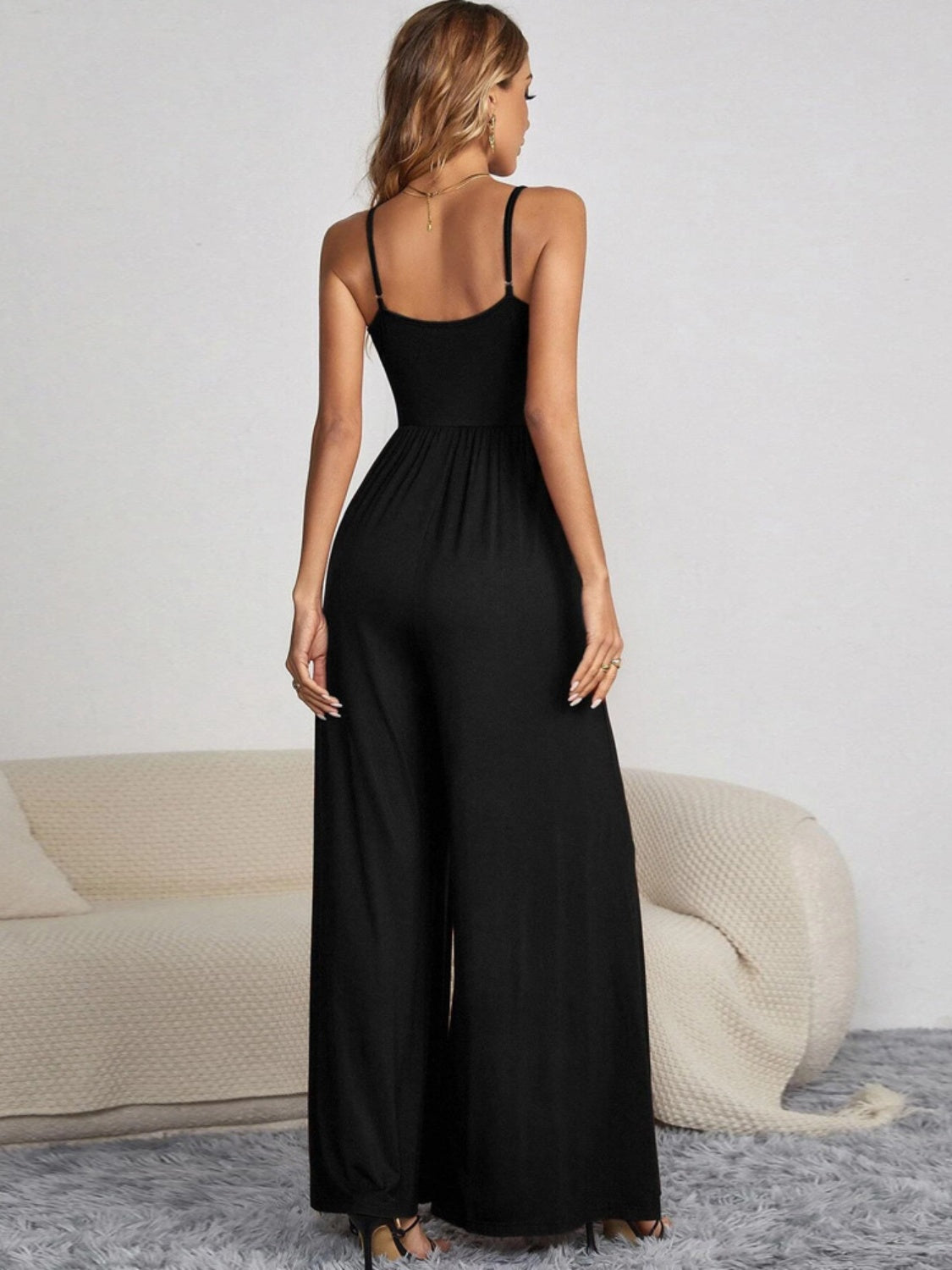 Sunset and Swim  Decorative Button Spaghetti Strap Wide Leg Jumpsuit Sunset and Swim   