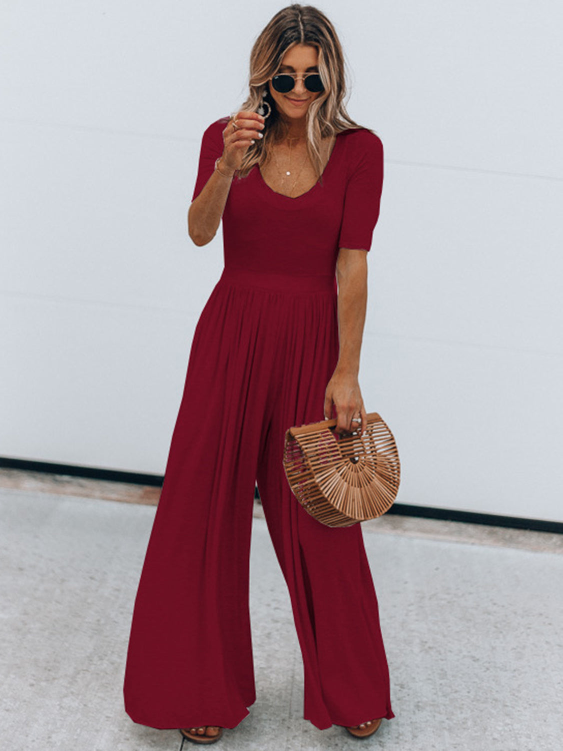 Sunset and Swim  Scoop Neck Short Sleeve Jumpsuit Sunset and Swim Wine S 