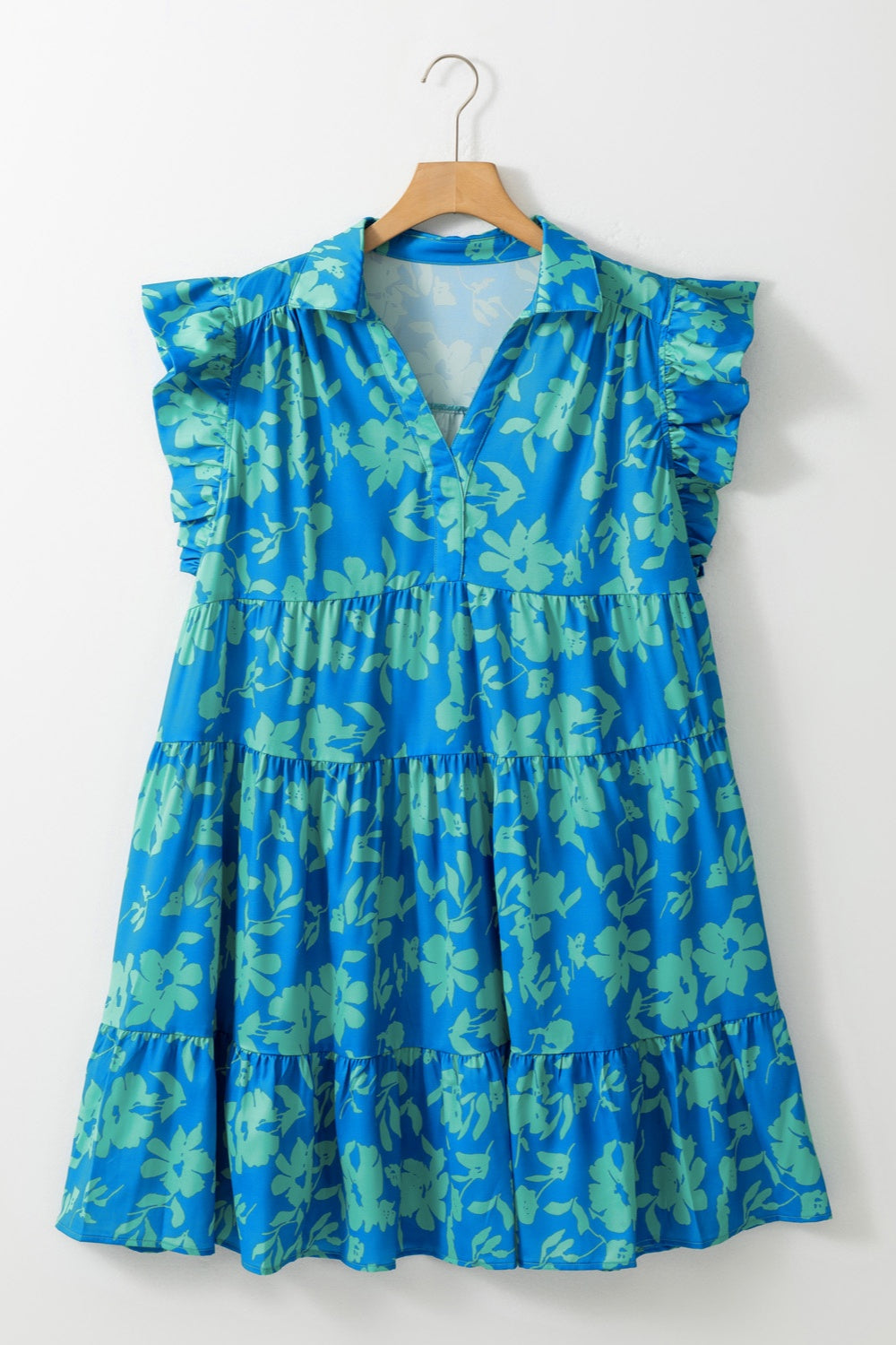 Plus Size Ruffled Printed Cap Sleeve Mini Dress Sunset and Swim Sky Blue 1XL 