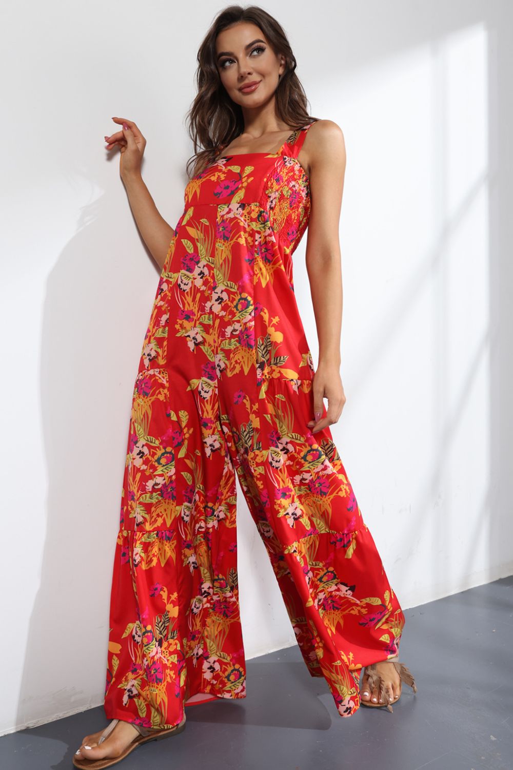 Floral Square Neck Wide Leg Jumpsuit Sunset and Swim Red S 