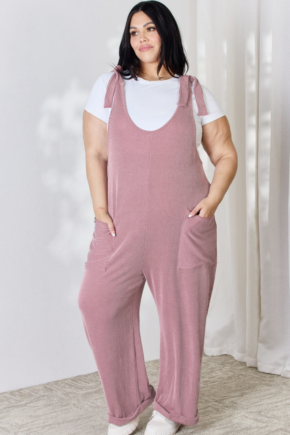 Celeste Plus Size Ribbed Tie Shoulder Sleeveless Ankle Overalls Sunset and Swim   