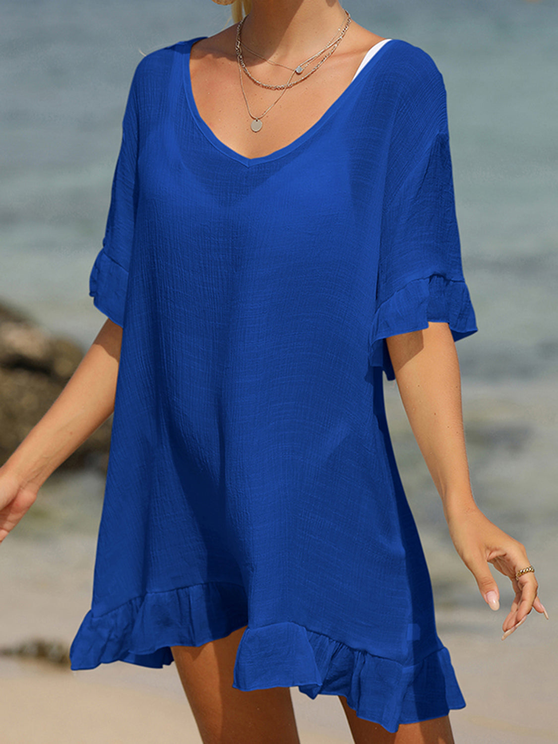 Sunset Vacation  Tied Ruffled Half Sleeve Beach Cover Up Sunset and Swim Royal Blue One Size 