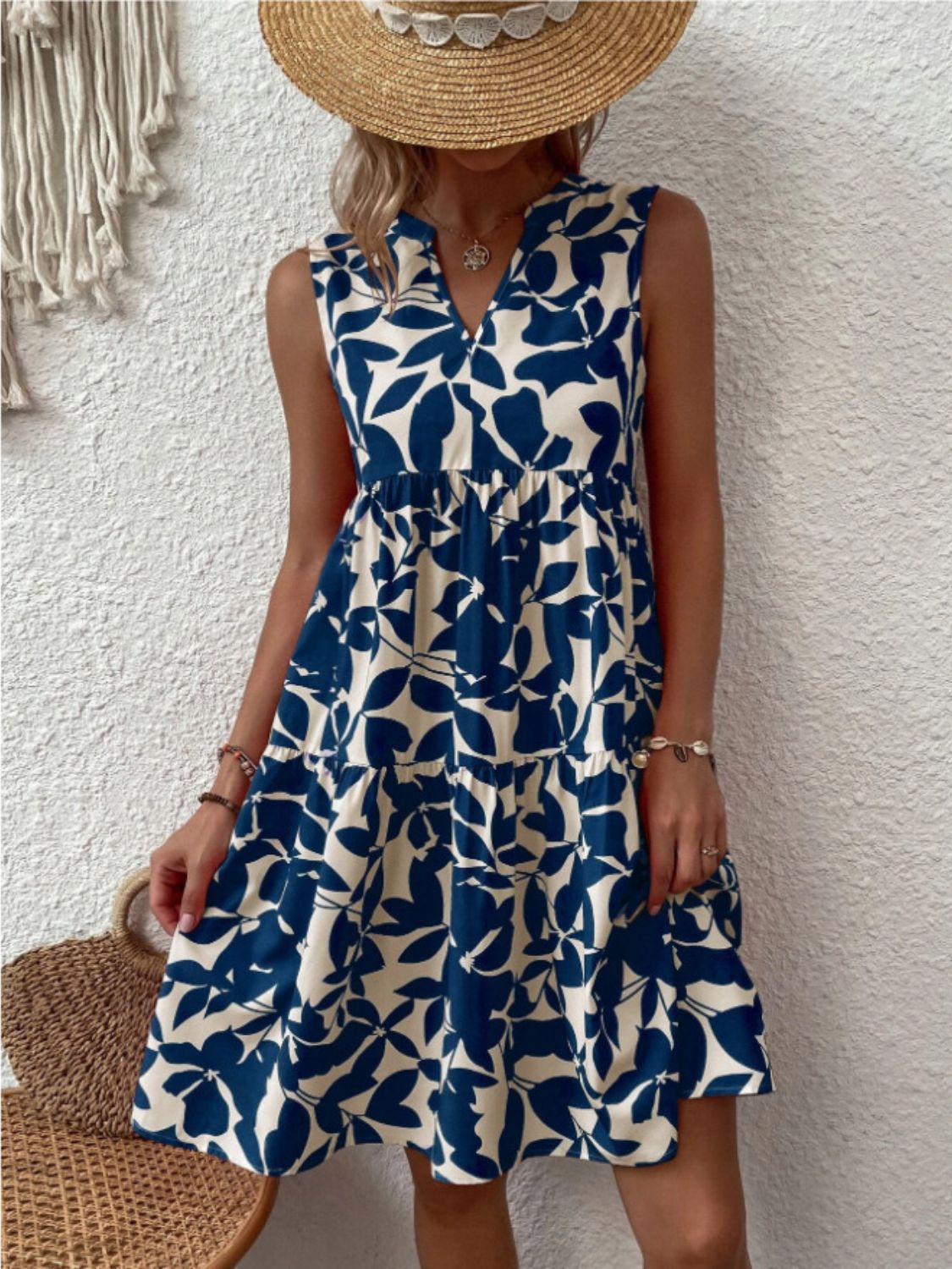 Sunset Vacation Printed Notched Sleeveless Mini Dress Sunset and Swim Dark Blue S 