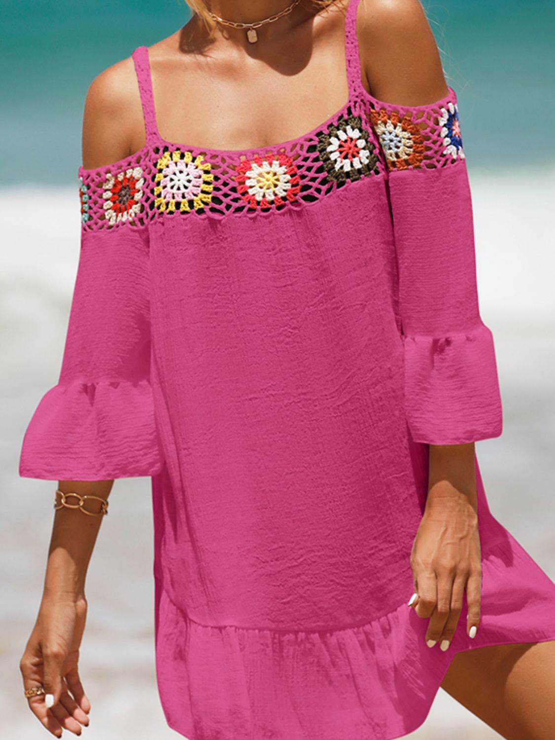 Sunset Vacation  Crochet Cold Shoulder Three-Quarter Sleeve Beach Cover Up Sunset and Swim   