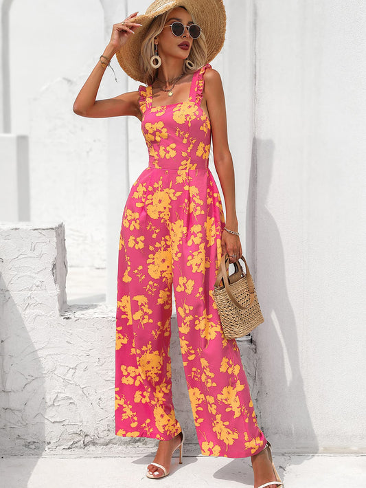 Floral Square Neck Cutout Tie Back Jumpsuit Sunset and Swim Rouge Pink S 