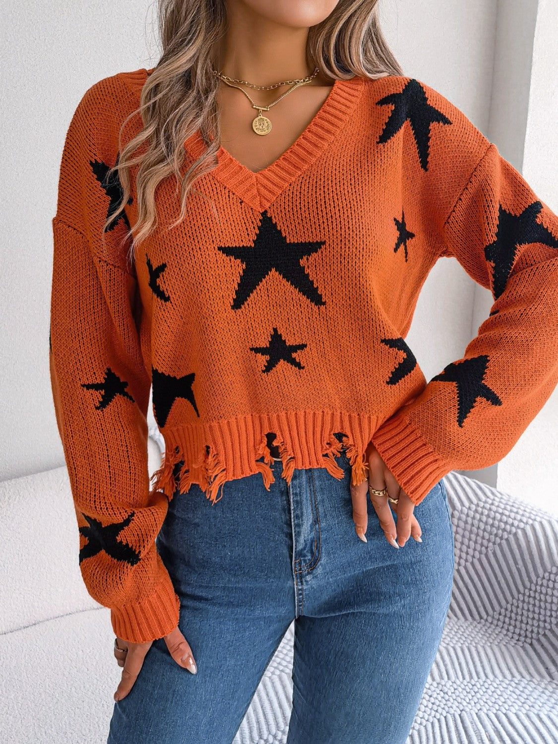 Star Pattern Distressed V-Neck Cropped Sweater Sunset and Swim   