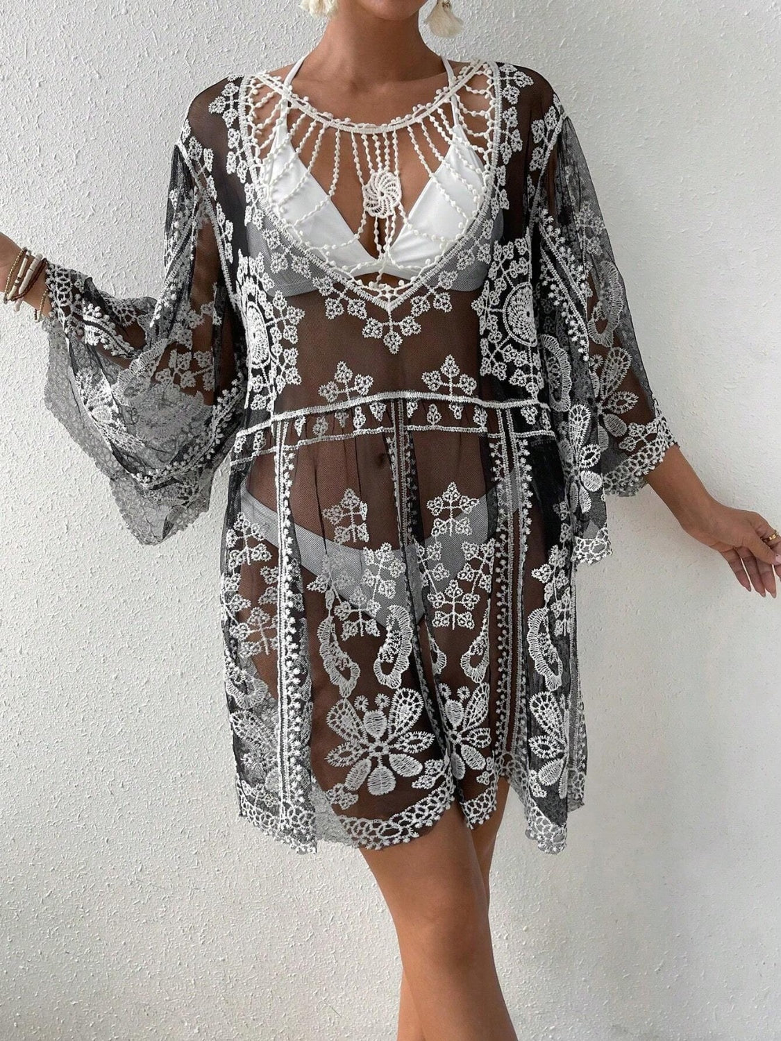 Sunset Vacation  Lace Round Neck Beach Cover Up Sunset and Swim   