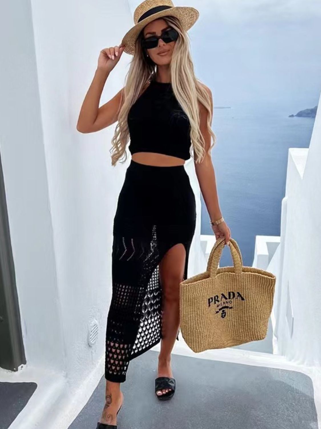 Round Neck Top and Slit Skirt Cover Up Set Sunset and Swim Black S 