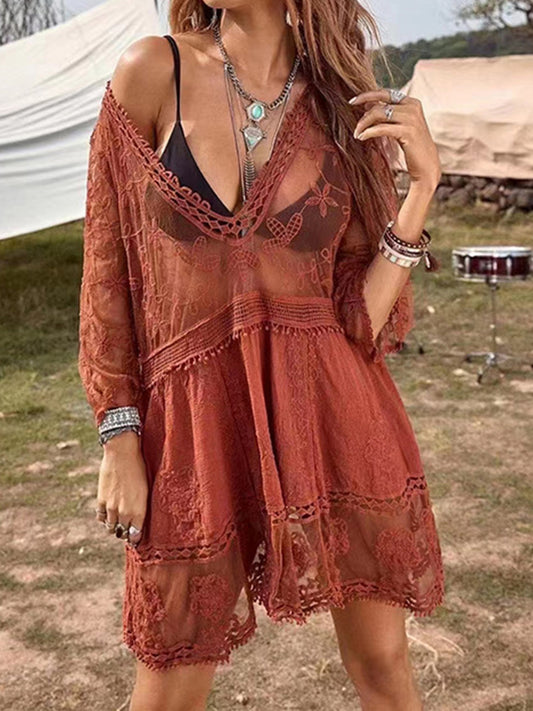 Sunset Vacation  Lace Detail Plunge Cover-Up Dress  Sunset and Swim Brick Red One Size 