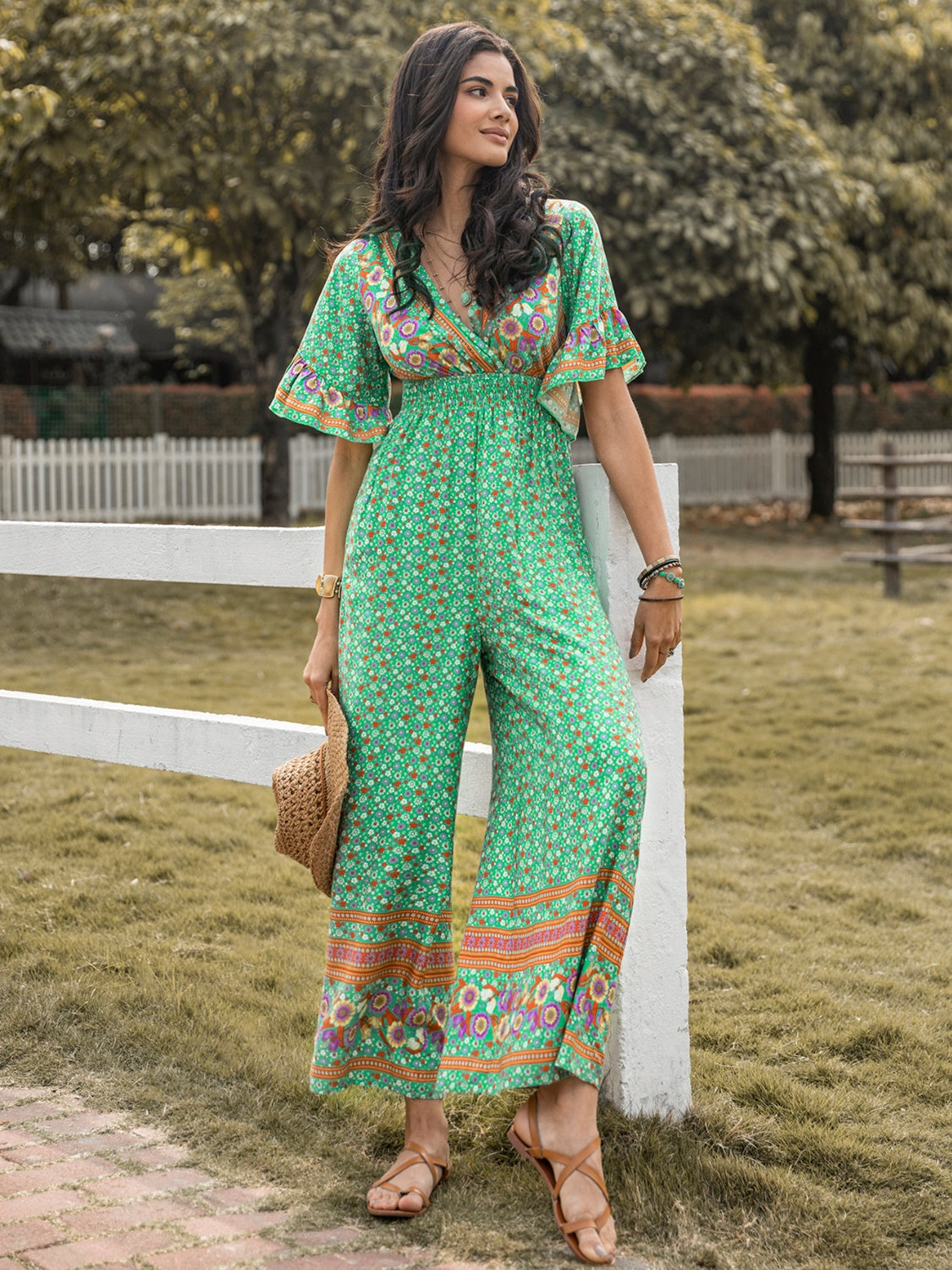 Floral Surplice Flutter Sleeve Jumpsuit Sunset and Swim   