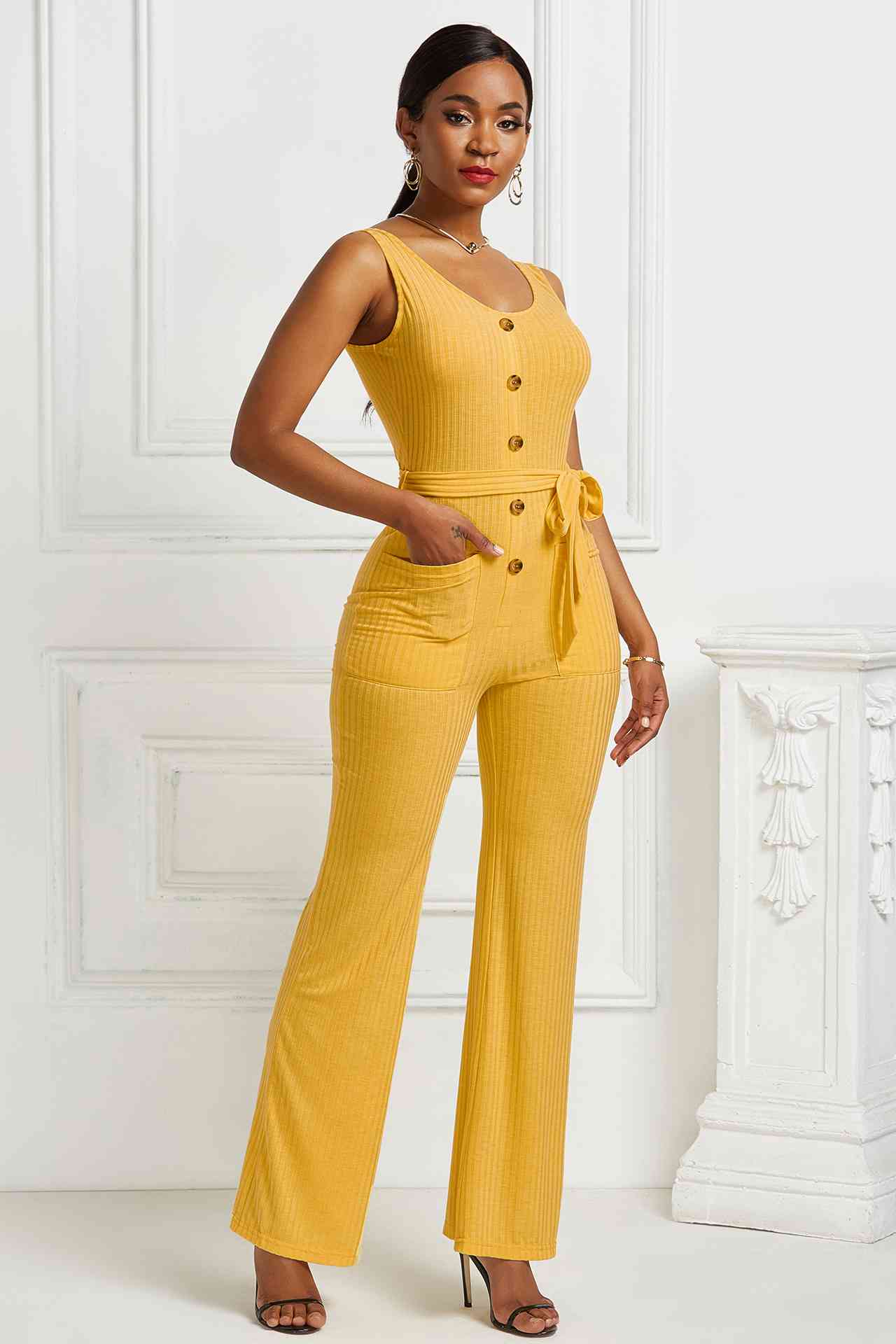 Sunset and Swim Button Detail Tie Waist Jumpsuit with Pockets Sunset and Swim Yellow S 