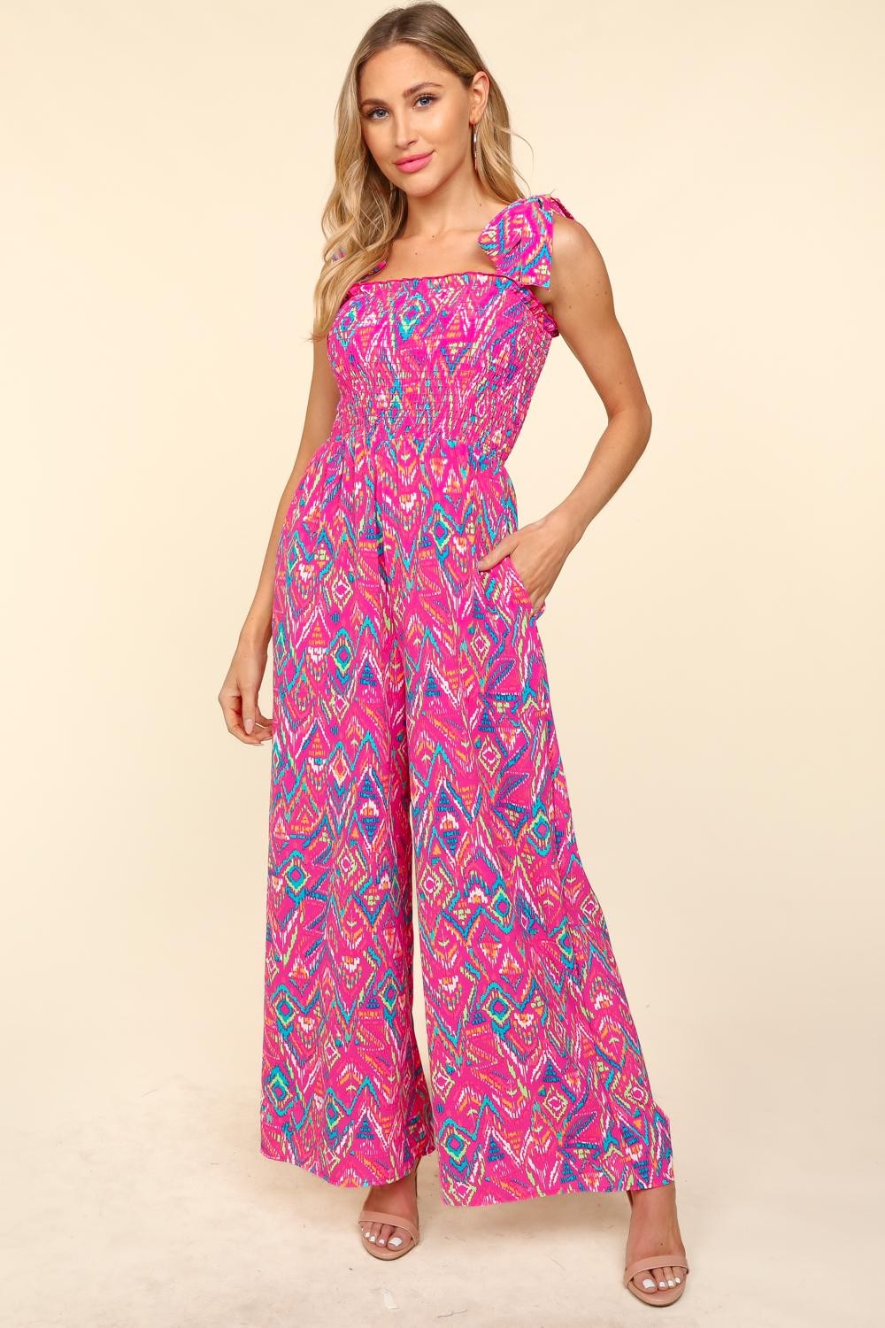 Haptics Printed Smocked Sleeveless Jumpsuit Sunset and Swim Fuchsia S 