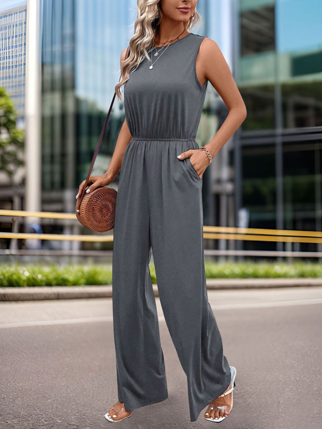 Round Neck Wide Leg Jumpsuit Sunset and Swim   