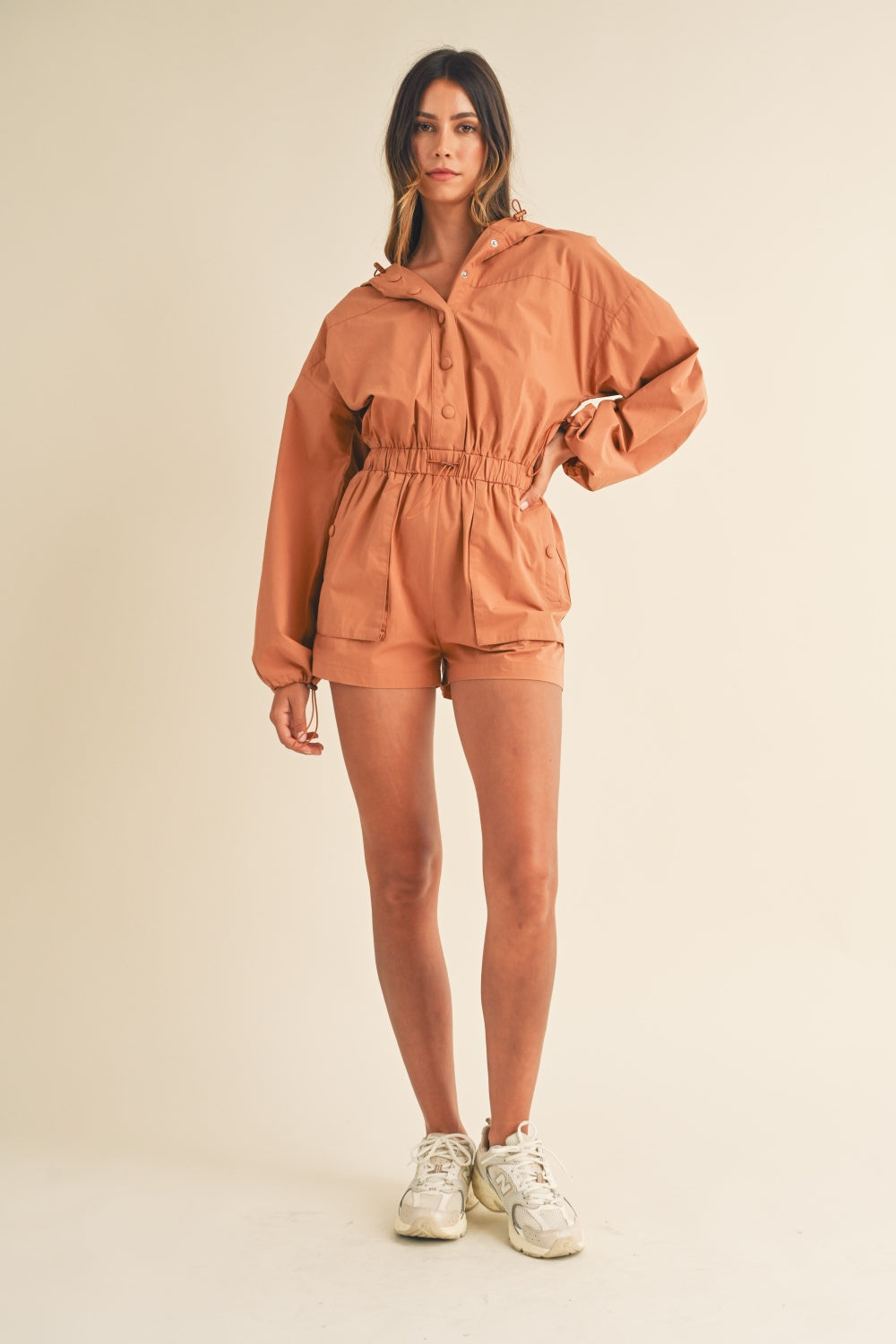 Mable Snap Down Long Sleeve Hooded Romper Sunset and Swim   