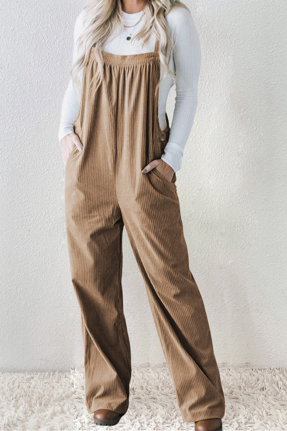 Square Neck Wide Strap Overalls Sunset and Swim Camel S 