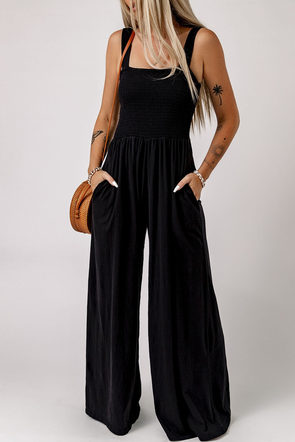 Smocked Square Neck Wide Leg Jumpsuit with Pockets Sunset and Swim Black S 