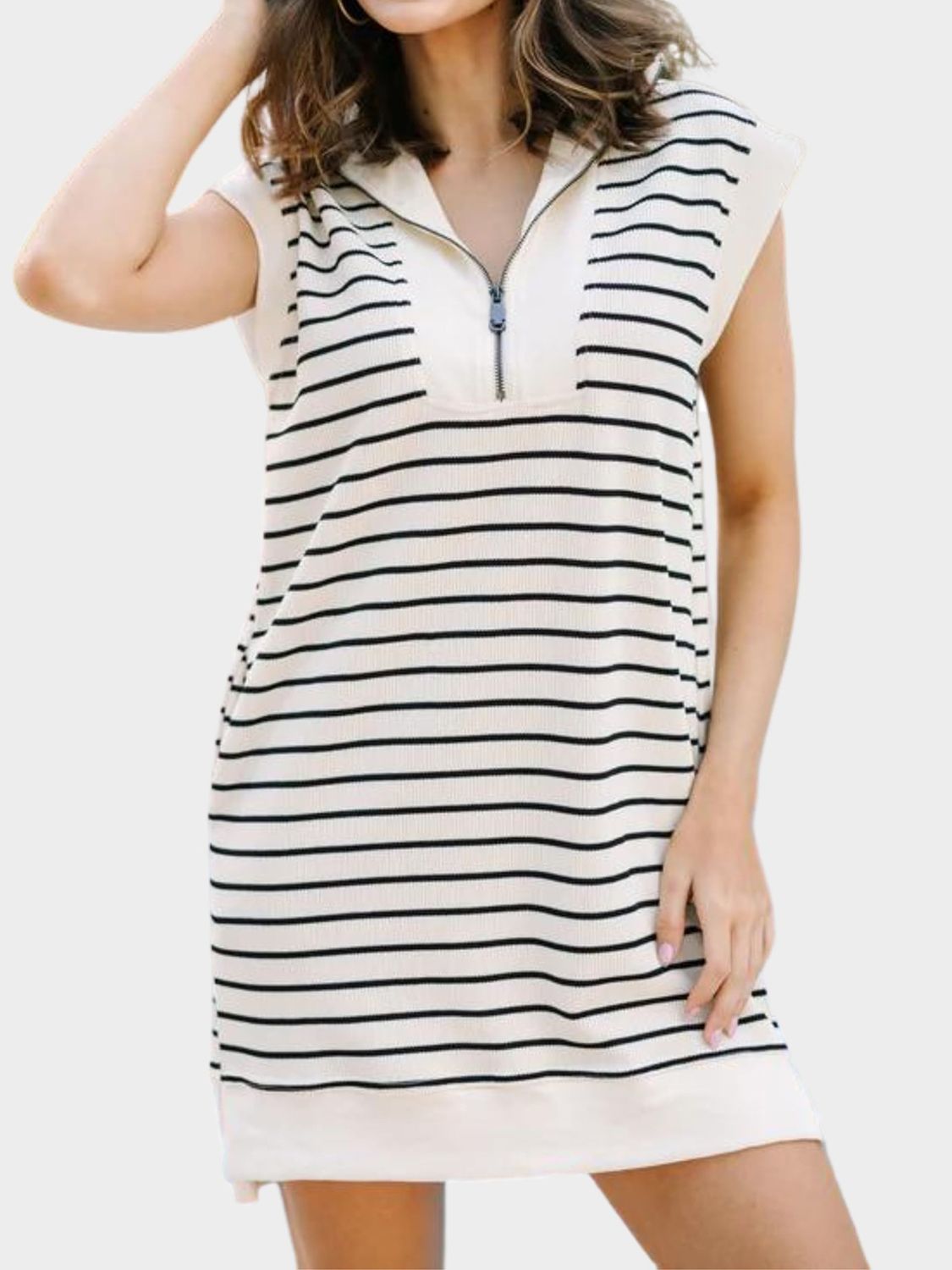 Sunset Vacation Full Size Pocketed Striped Quarter Zip Cap Sleeve Dress Sunset and Swim   