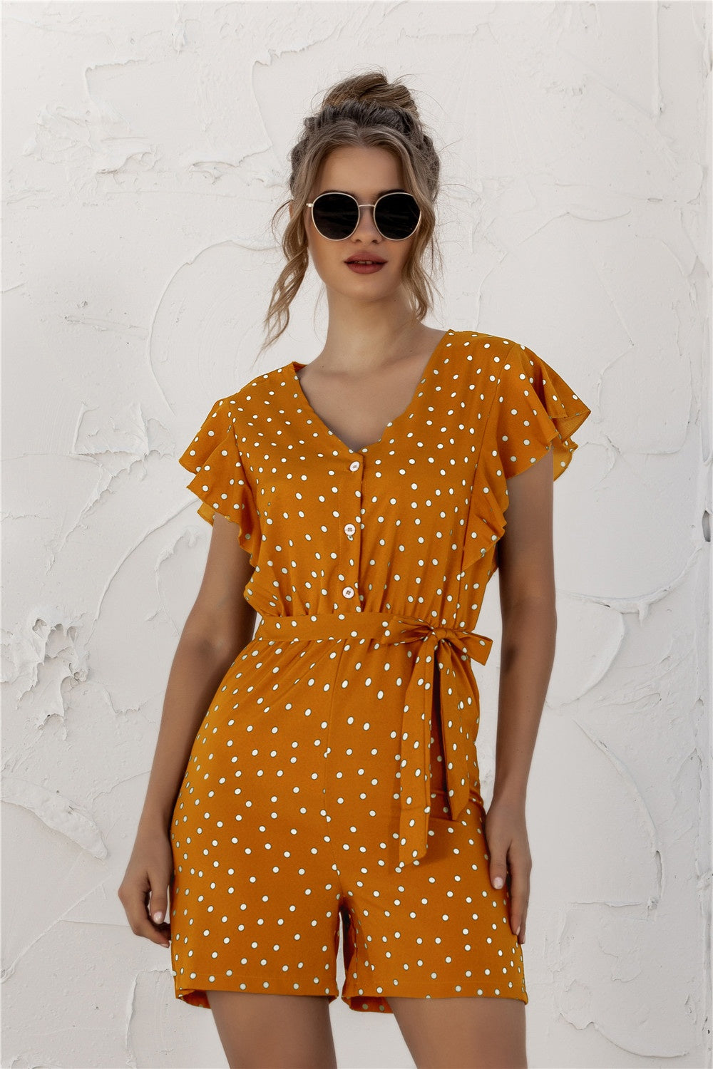 Sunset and Swim  Ruffled Polka Dot Half Button Romper  Sunset and Swim Honey S 